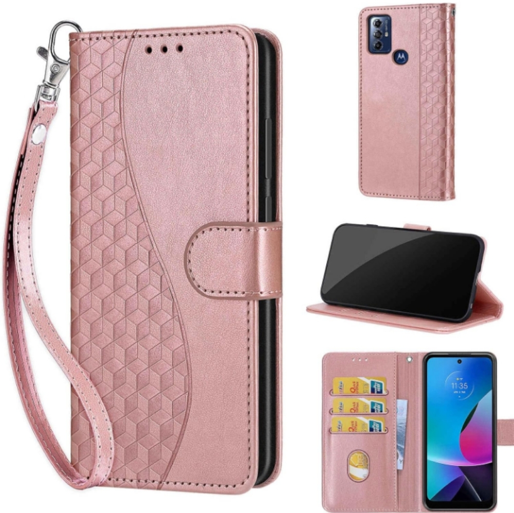 Motorola Case Wallet, Flip Cover Embossed Credit Card slot wrist strap rose gold